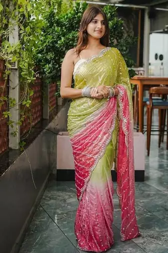 Parrot Green And Pink Color Handwork And Sequence Work Satin Saree