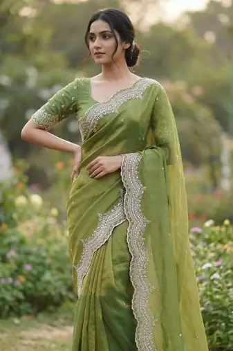 olive color embroidery work with cut work border and havy daimond work silk blend saree