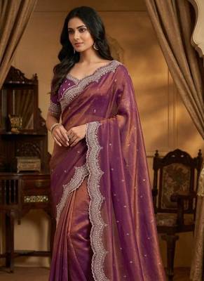 pink color embroidery work with cut work border and havy daimond work silk blend saree 1