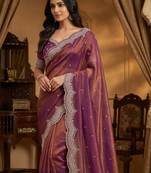 pink color embroidery work with cut work border and havy daimond work silk blend saree