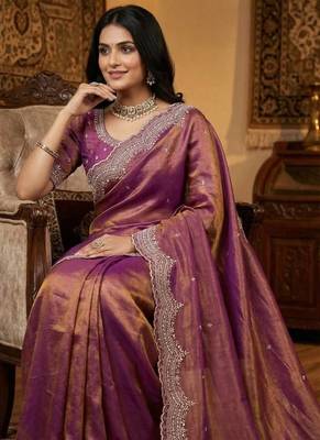 pink color embroidery work with cut work border and havy daimond work silk blend saree 2
