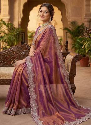 pink color embroidery work with cut work border and havy daimond work silk blend saree 3
