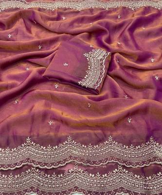 pink color embroidery work with cut work border and havy daimond work silk blend saree 5