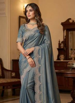 sky blue color embroidery work with cut work border and havy daimond work silk blend saree 1