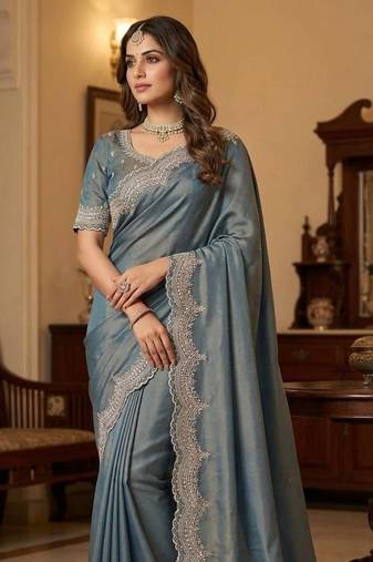 sky blue color embroidery work with cut work border and havy daimond work silk blend saree