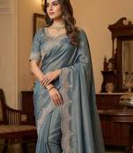 sky blue color embroidery work with cut work border and havy daimond work silk blend saree