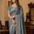 sky blue color embroidery work with cut work border and havy daimond work silk blend saree