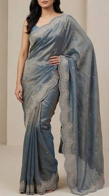 sky blue color embroidery work with cut work border and havy daimond work silk blend saree 2