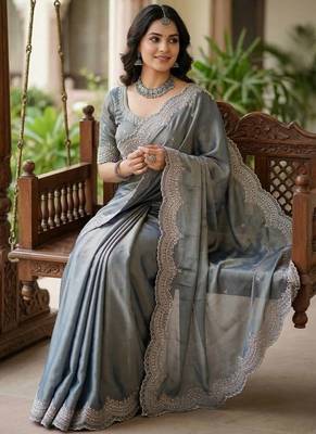 sky blue color embroidery work with cut work border and havy daimond work silk blend saree 3