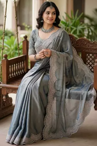 sky blue color embroidery work with cut work border and havy daimond work silk blend saree
