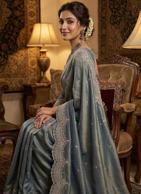 sky blue color embroidery work with cut work border and havy daimond work silk blend saree 4