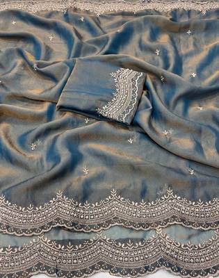 sky blue color embroidery work with cut work border and havy daimond work silk blend saree 5