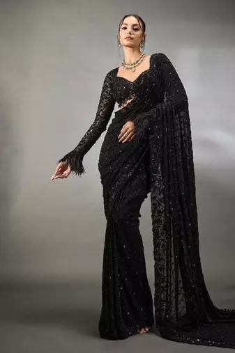 Black Georgette Saree With Embroidery Work