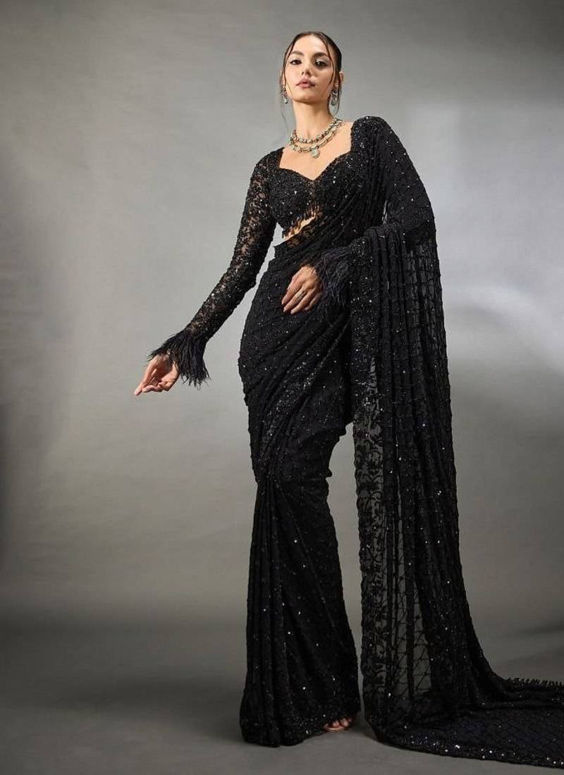 Black Georgette Saree With Embroidery Work