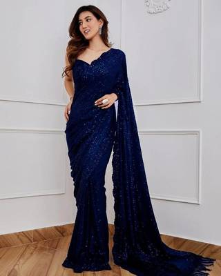 Navy Blue Party Wear Georgette Saree With Sequin Embroidery Work 2