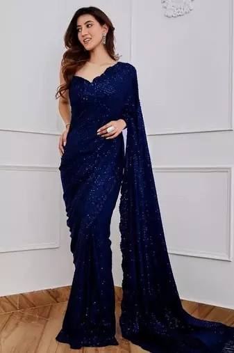 Navy Blue Party Wear Georgette Saree With Sequin Embroidery Work