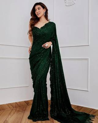 Green Party Wear Georgette Saree With Sequin Embroidery Work 1
