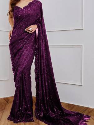 Wine Party Wear Georgette Saree With Sequin Embroidery Work 1