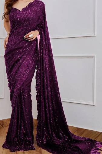 Wine Party Wear Georgette Saree With Sequin Embroidery Work