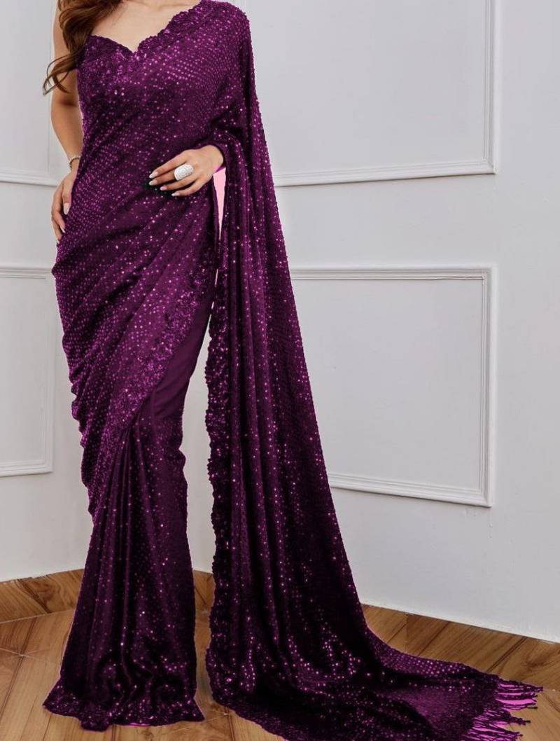 Wine Party Wear Georgette Saree With Sequin Embroidery Work