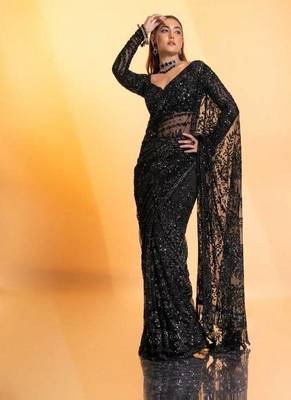 Black Sequins Embroidery Work Net Saree 2