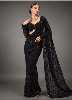 Black Sequins And Embroidery Work Georgette Saree 1