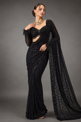 Black Sequins And Embroidery Work Georgette Saree