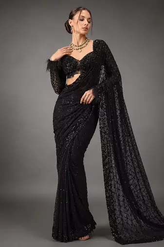 Black Sequins And Embroidery Work Georgette Saree