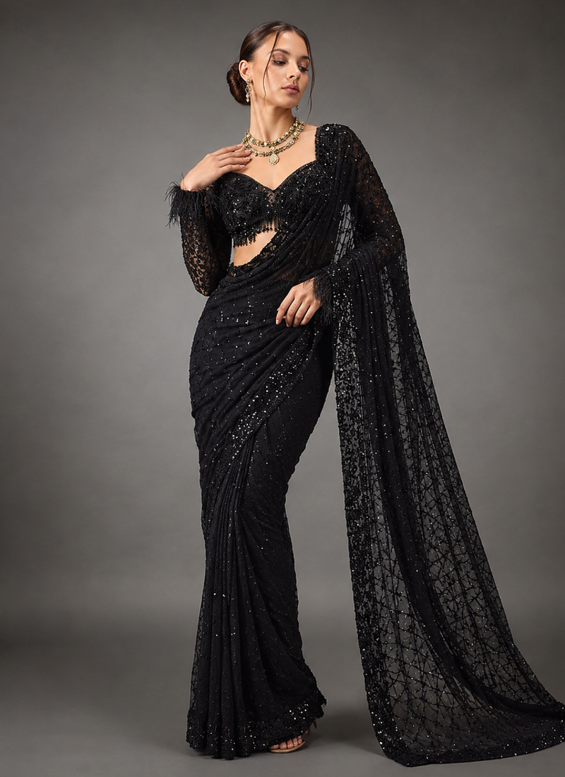 Black Sequins And Embroidery Work Georgette Saree