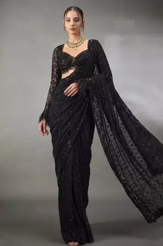 Black Sequins And Embroidery Work Georgette Saree