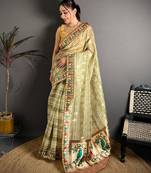 yellow color premium cotton blend flower-peacock printed sarees