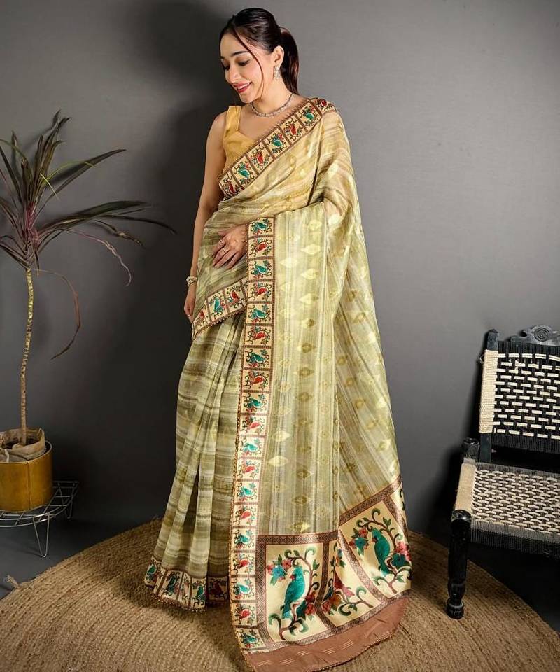 yellow color premium cotton blend flower-peacock printed sarees