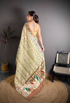 yellow color premium cotton blend flower-peacock printed sarees 2