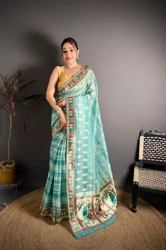 skyblue color premium cotton blend flower-peacock printed sarees