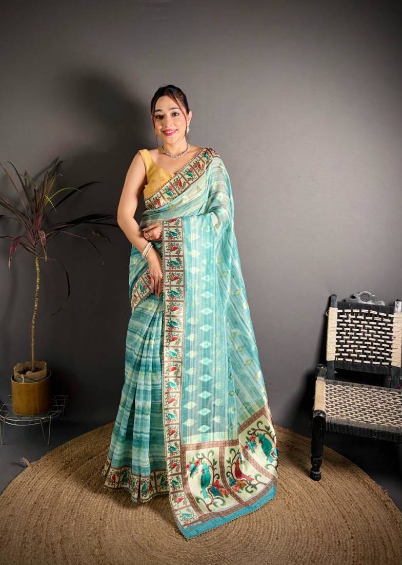 skyblue color premium cotton blend flower-peacock printed sarees