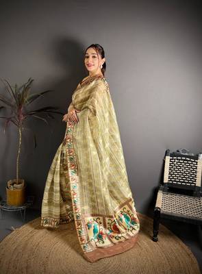 yellow color premium cotton blend flower-peacock printed sarees 3