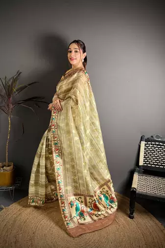 yellow color premium cotton blend flower-peacock printed sarees