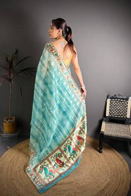 skyblue color premium cotton blend flower-peacock printed sarees 2