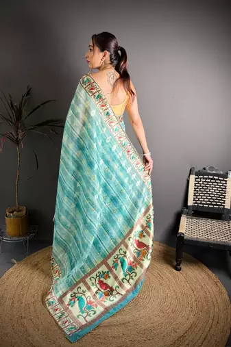 skyblue color premium cotton blend flower-peacock printed sarees