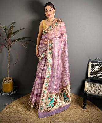pink color premium cotton blend flower-peacock printed sarees 1