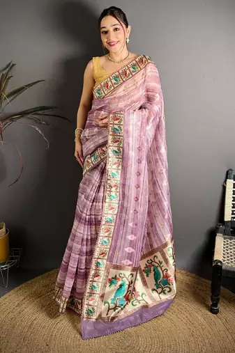 pink color premium cotton blend flower-peacock printed sarees