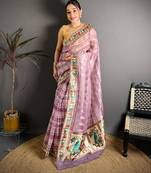 pink color premium cotton blend flower-peacock printed sarees