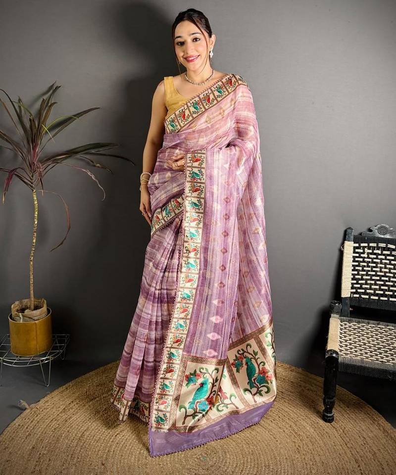 pink color premium cotton blend flower-peacock printed sarees