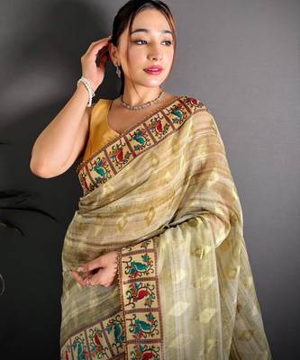 yellow color premium cotton blend flower-peacock printed sarees 4