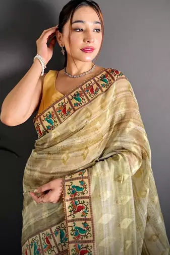 yellow color premium cotton blend flower-peacock printed sarees
