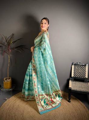 skyblue color premium cotton blend flower-peacock printed sarees 3