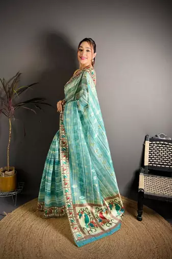 skyblue color premium cotton blend flower-peacock printed sarees