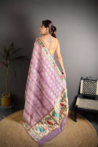 pink color premium cotton blend flower-peacock printed sarees