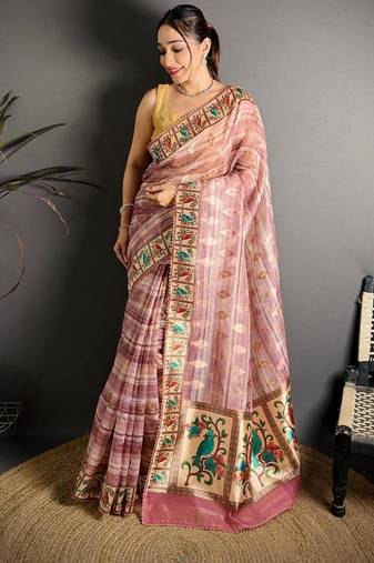 peach color premium cotton blend flower-peacock printed sarees