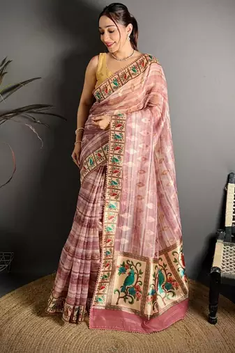 peach color premium cotton blend flower-peacock printed sarees